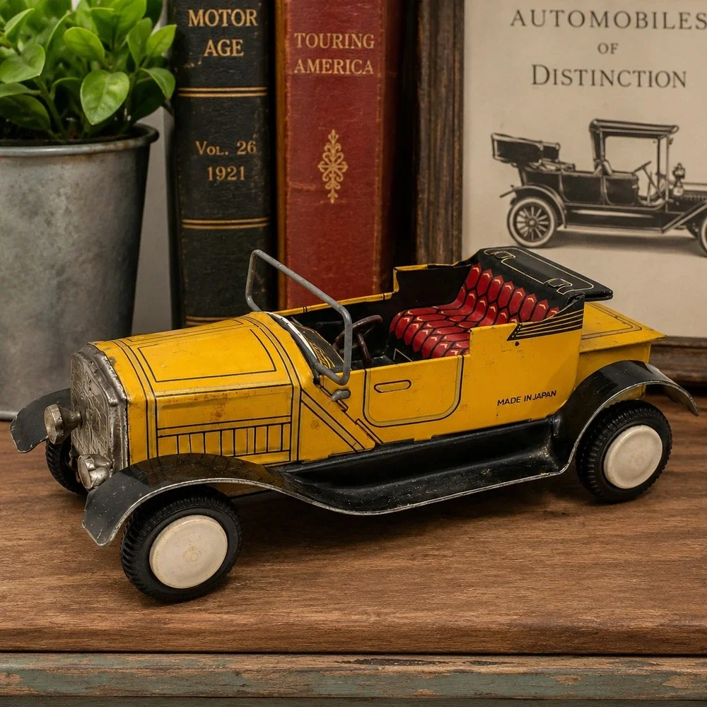 Vintage Made In Japan Tin Litho Friction Touring Car Roadster Convertible Toy